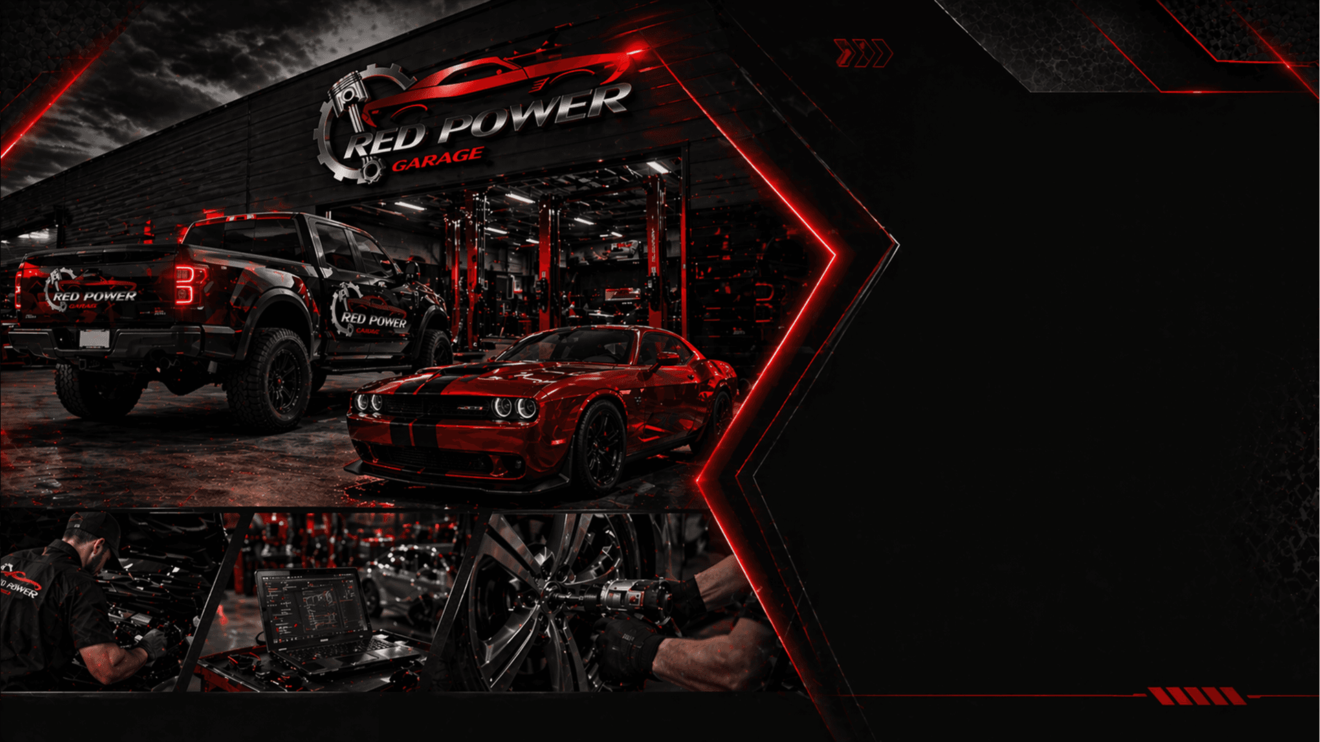كولاج استعراضي لهوية ريد باور وسيارات الأداء